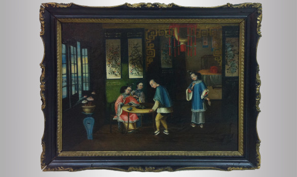 ''Fight of birds'' Chinese interior scene<br/>Nineteenth Century