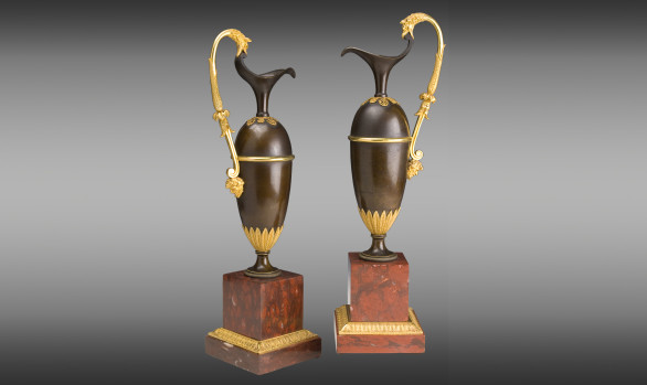 French pair of Jars<br/> in gilded and patinated bronze  <br/>on a marble base red Campan