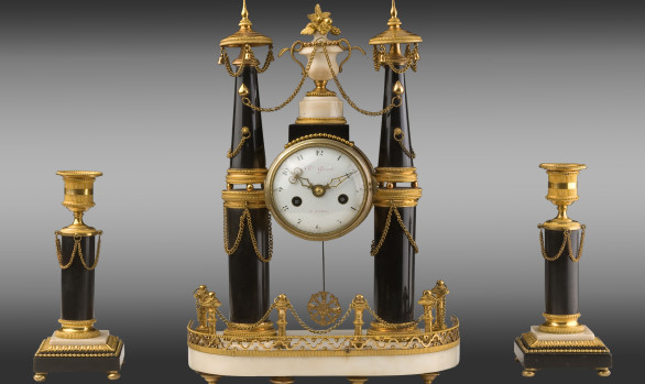 Gilt bronze marble Clock and Candlesticks<br/>Louis XVI Period