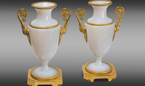 French white Opaline Vases<br/>with gilt bronze mounts <br/> Charles X Period