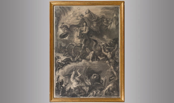 Louis XIV on horseback<br/>Engraved by Gerard Edelink<br/> after Charles Lebrun<br/> Circa 1680