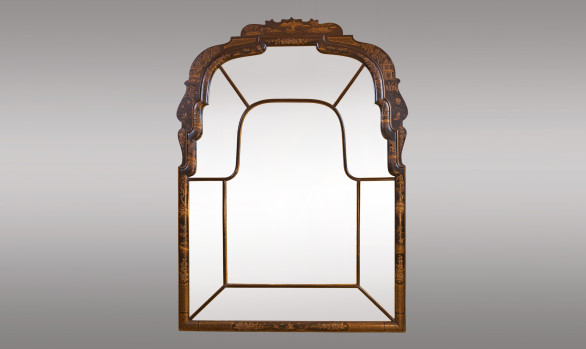 Queen Anne Style black lacquer <br/>hand painted oriental Mirror<br/> Circa 1920