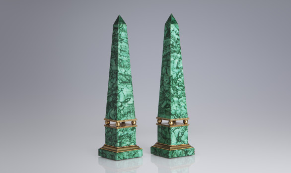 Russian malachite obelisks and gilt bronze<br/>  Nineteenth Century